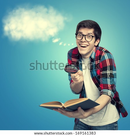 Nerd with an idea on a blue background holding a book and magnifying glass and by his head was cloud in the shape of speech bubble