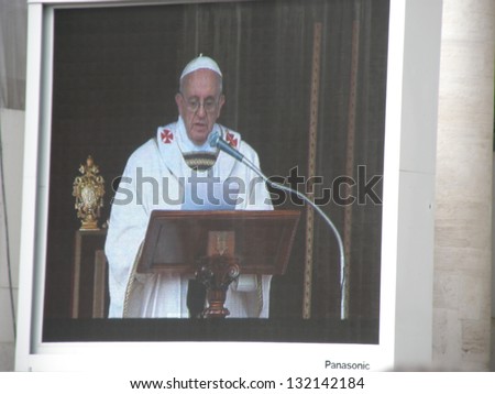 ROME - MARCH 19: Celebration of the beginning pontificate of Pope Francis in St. Peter\'s Square. Pope Francis on the big screen .   Italy, 19 March 2013, Rome, Vatican