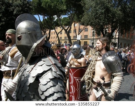 ROME - APRIL 21: Birth of Rome festival, parade of 2,000 re-enactors from 53 associations from da11 European countries. Italy, 21 April 2013, Rome