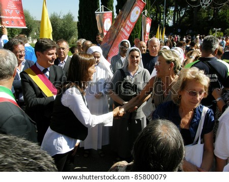 ROME, ITALY-SEPTEMBER 11: Renata Polverini, greets people during an event at the Shrine of the Divine Amore on September 11, 2011 in Rome, Italy.