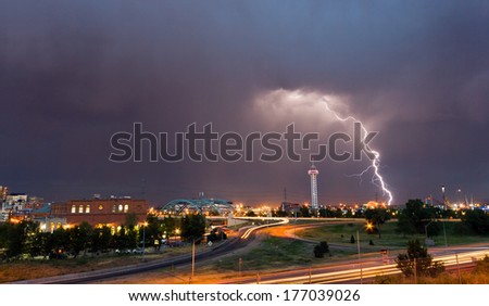 Denver, Colorado - Lightning strike in downtown Denver during a strong spring thunderstorm