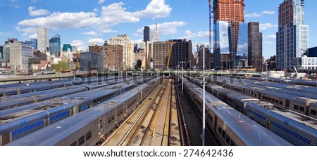 New York City skyline from the High Line with view of Hudson Yards trains