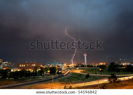 Lightening strike captured over Denver Colorado during a fierce spring storm.