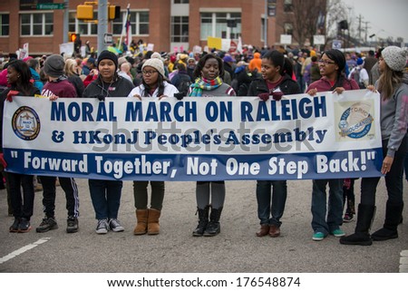 RALEIGH - FEBRUARY 8: An estimated 80.000 to 100.000 people crowded the streets of Raleigh for the Moral March, on February 8, 2014 in Raleigh, USA. The demonstration was for a variety of causes.