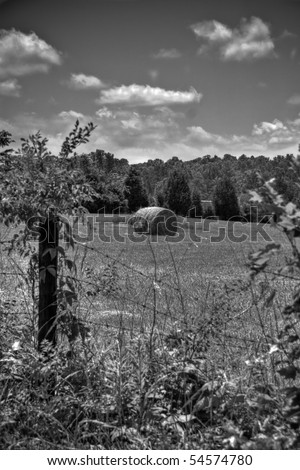 Black & White picture of hay stack in field with tree in the back ground and a fence in front