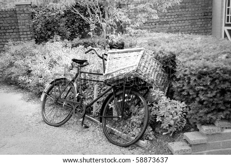 Old style carrier Bike with basket on the front (Dutch Bakfiets) in Black & White