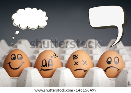 Mental health concept in playful style with egg characters displaying different emotions and blank speech bubbles