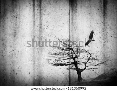 Grunge style textures with stains and tree and bird in black and white