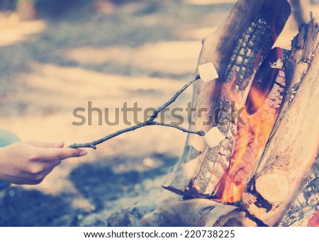 Person roasting marshmallows on a stick over a campfire while camping with Instagram style filter