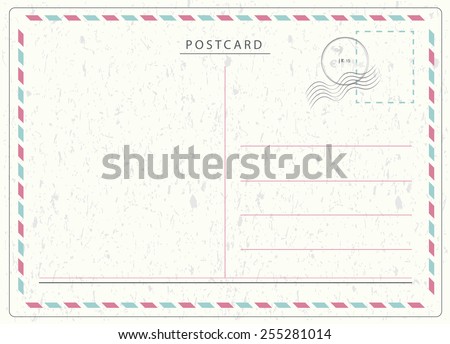 Travel postcard in air mail style with paper texture and rubber stamps