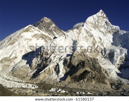 World's highest mountain, Mt Everest (8850m) and Nuptse to the right in the Himalaya, Nepal.
