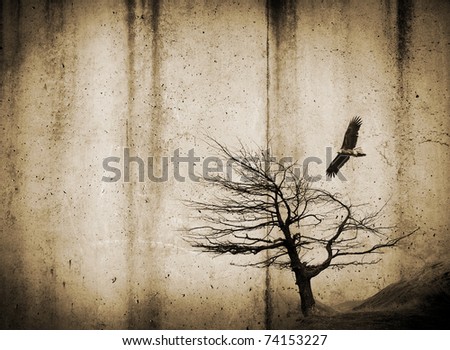 Grunge style textures with stains and tree and bird