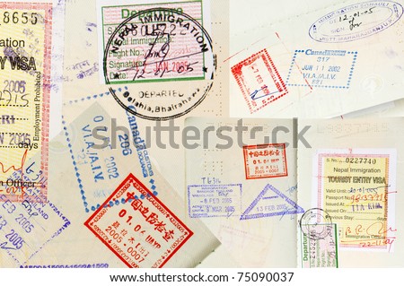 Passport stamps background with various countries