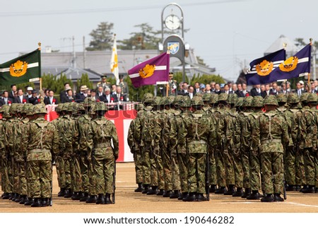KAGAWA, JAPAN - MAY 27: The celebration day of military base was made in Kagawa Prefecture. Soldiers getting ready for military parade. May 27, 2014.