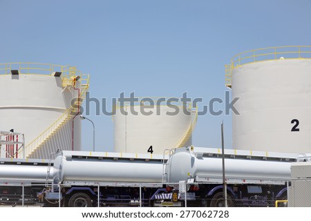 KAGAWA, JAPAN - MAY 5: Storage tanks with tank truck in a refinery plant. May 5, 2014 in Kagawa, Japan.