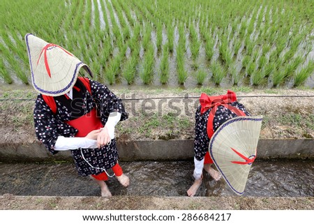 KAGAWA, JAPAN, JUNE 7: Japanese young girls plants a plant of rice in a rice paddy. The holy festival to pray for a good harvest, on June 7, 2015 in Kagawa, Japan