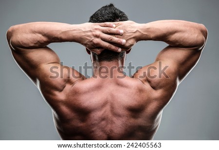 Closeup portrait of a muscular mans back over gray background