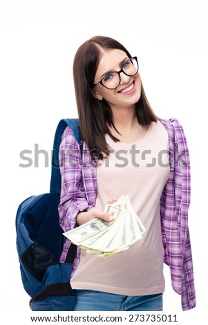 Young femael student giving money on camera over white background