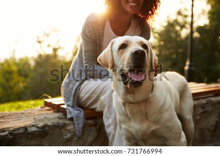 Cropped shot of young african lady wearing white costume walking with pretty dog in park