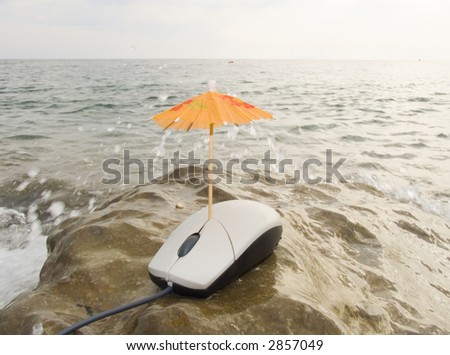 The computer mouse under a umbrella on seacoast under sparks of water