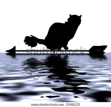 Silhouette of a cat sitting on a wind-vane. Reflection in water