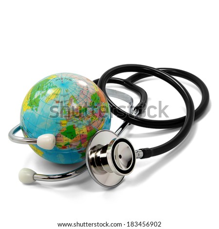 Stethoscope and small planet earth isolated on white Stethoscope and small planet earth isolated on white