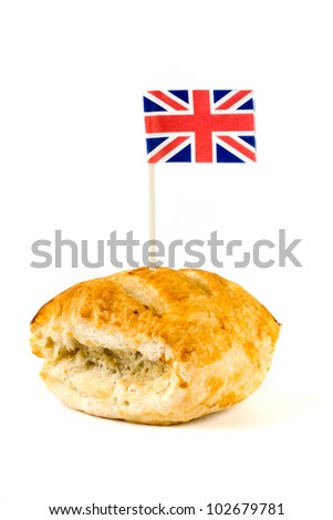 Sausage roll with a union jack on a white background