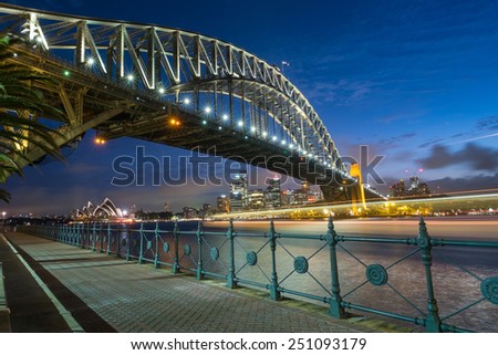 SYDNEY, AUSTRALIA- JANUARY 5, 2015: The iconic Sydney Harbour Bridge with Sydney Opera House in the background at dusk on a January evening, 2015