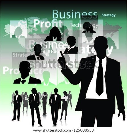 Template of business people team with world map. Vector illustration.