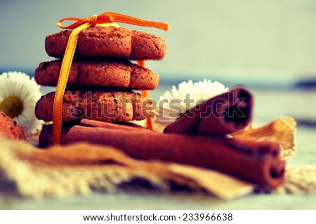 Cookies with cinnamon sticks on a wooden background