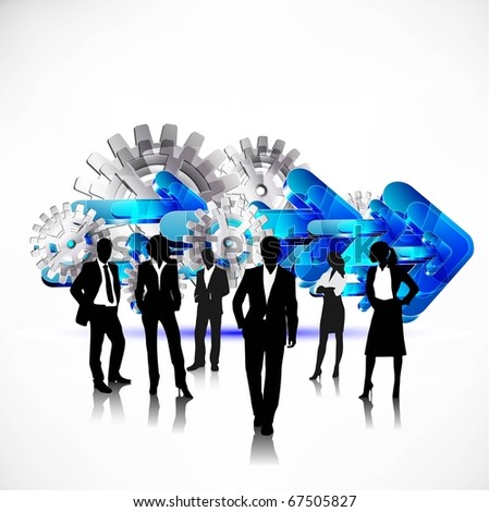 business people team with gears and arrows vector