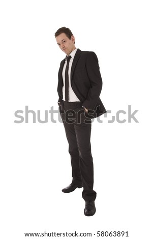 Portrait of a successful young business man standing with hands on waist isolated on white background