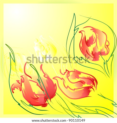 Flowers tulips with leaves . Floral background, greeting card.