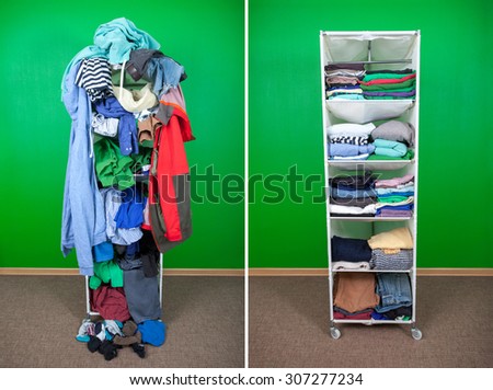 Before untidy and after tidy wardrobe with colorful clothes and accessories. Messy clothes thrown on a shelf and nicely arranged clothes in piles