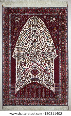 Qashqai tribal village handmade Persian wool rug from Southern Iran, with mihrab arch and tree of life design