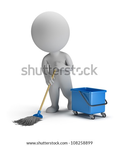 3D small person cleaner with a mop and bucket 3D image Isolated white background 3D small person cleaner with a mop and bucket 3D image Isolated white background