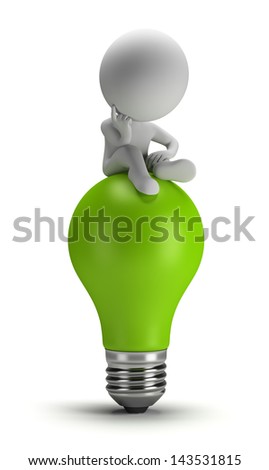 3D small person sitting on a green light bulb in a thoughtful pose 3D image White background 3D small person sitting on a green light bulb in a thoughtful pose 3D image White background