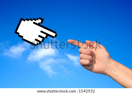 blue sky background. stock photo : Hands on lue sky background
