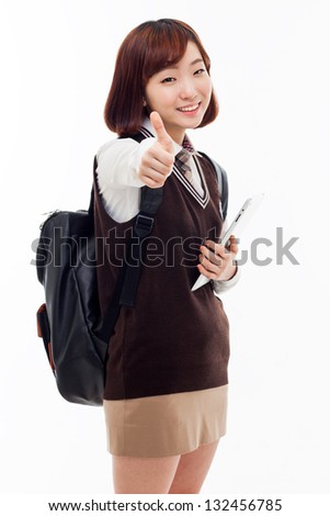 Yong pretty Asian student studying  with tablet PC isolated on white background.