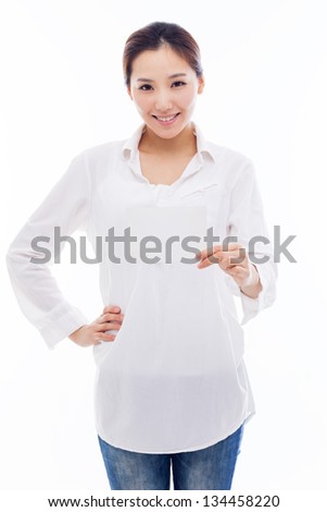 Asian woman showing empty card isolated on white background.