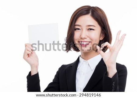 Business woman showing blank card. isolated over white