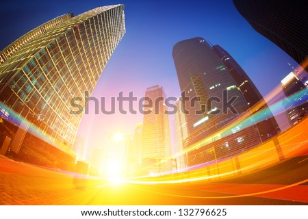 the light trails on the modern building background in shanghai china.