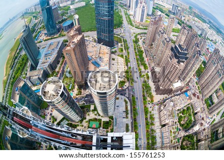 Chinese city overlooking fisheye