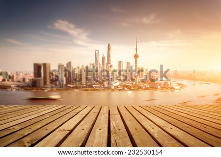 shanghai skyline and huangpu river with sunset glow