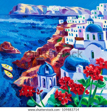 Original oil painting showing Blue churches and white houses of Oia village at Santorini island with sea view Greece.Modern Impressionism Original oil painting showing Blue churches and white houses of Oia village at Santorini island with sea view Greece.Modern Impressionism