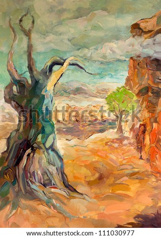 Original oil painting of Rugged Mountain Canyon and dead tree on canvas.Modern Impressionism Original oil painting of Rugged Mountain Canyon and dead tree on canvas.Modern Impressionism