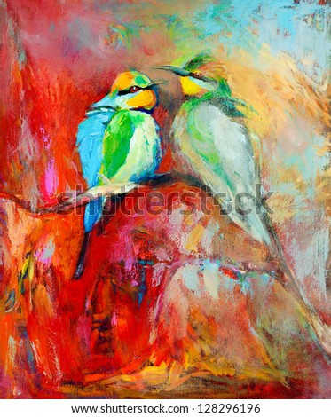 Original oil painting of blue tailed bee eaters song birds on canvas.Modern impressionism Original oil painting of blue tailed bee eaters song birds on canvas.Modern impressionism