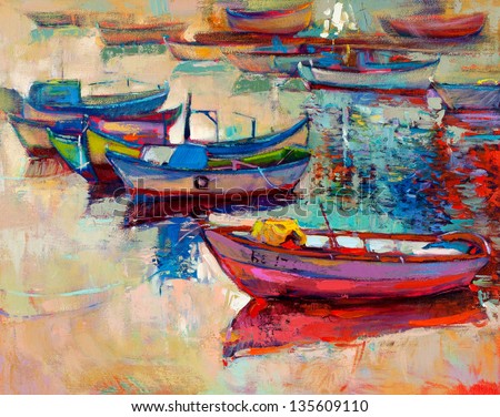 Original oil painting of boats and jetty pier on canvas.Sunset over ocean.Modern Impressionism Original oil painting of boats and jetty pier on canvas.Sunset over ocean.Modern Impressionism