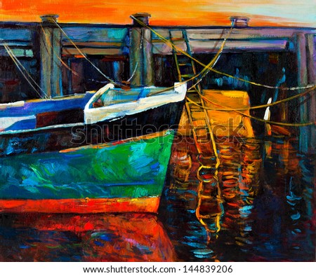 Original oil painting of boat and jetty pier on canvas.Sunset over ocean.Modern Impressionism Original oil painting of boat and jetty pier on canvas.Sunset over ocean.Modern Impressionism