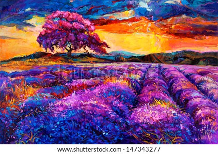 Original oil painting of lavender fields on canvas.Sunset landscape.Modern Impressionism Original oil painting of lavender fields on canvas.Sunset landscape.Modern Impressionism